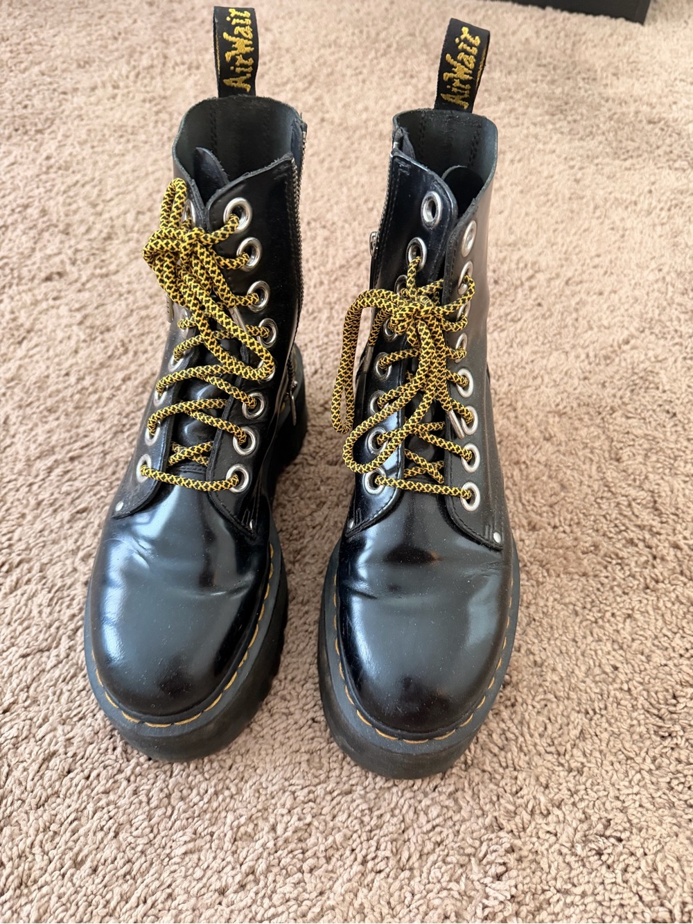 Dr. Martens Women's Jadon Max Black Platform Combat Boots with Yellow Laces